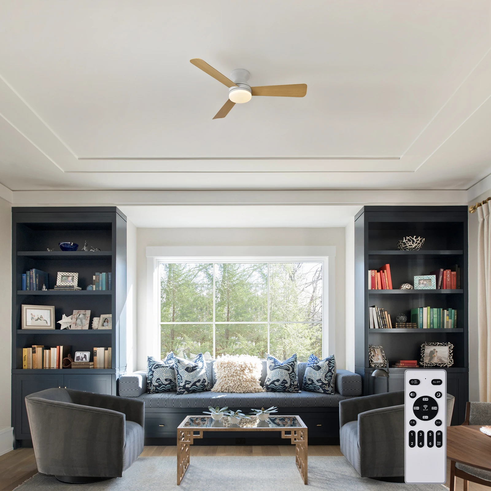 

Ceiling Fan with Light and Remote Control, Flush Mount, Reversible, Dimmable, Noiseless, for Bedroom, Indoor/Outdoor Use