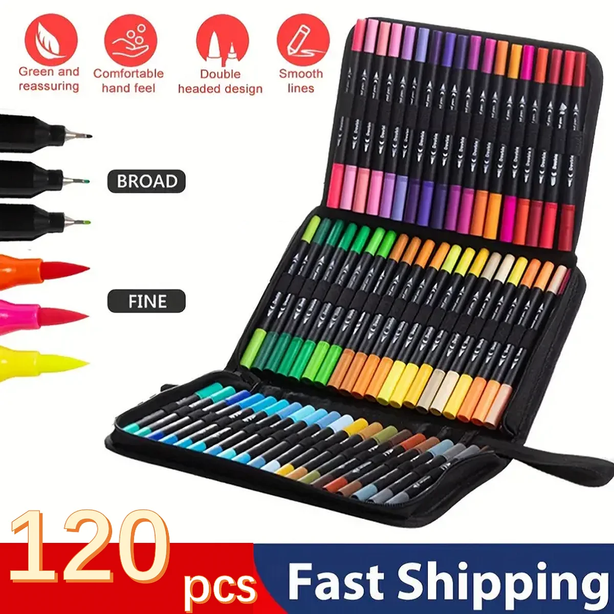 

120pcs Double Ended Marker Pens with Cloth Bag, Fine & Brush Tip, Back-To-School Gift for Artists Students Adults