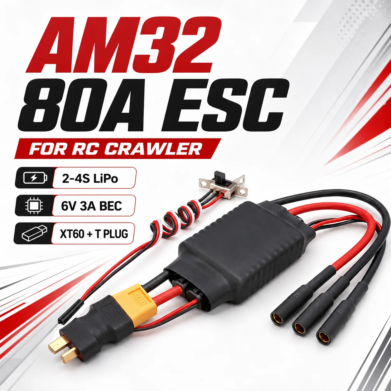 AM32 80A Brushless Crawler ESC Smooth Low Speed Forward Reverse 2-4S 6V 3A BEC Drag Brake XT60 or T Plug for SCX10 TRX4 TRX6