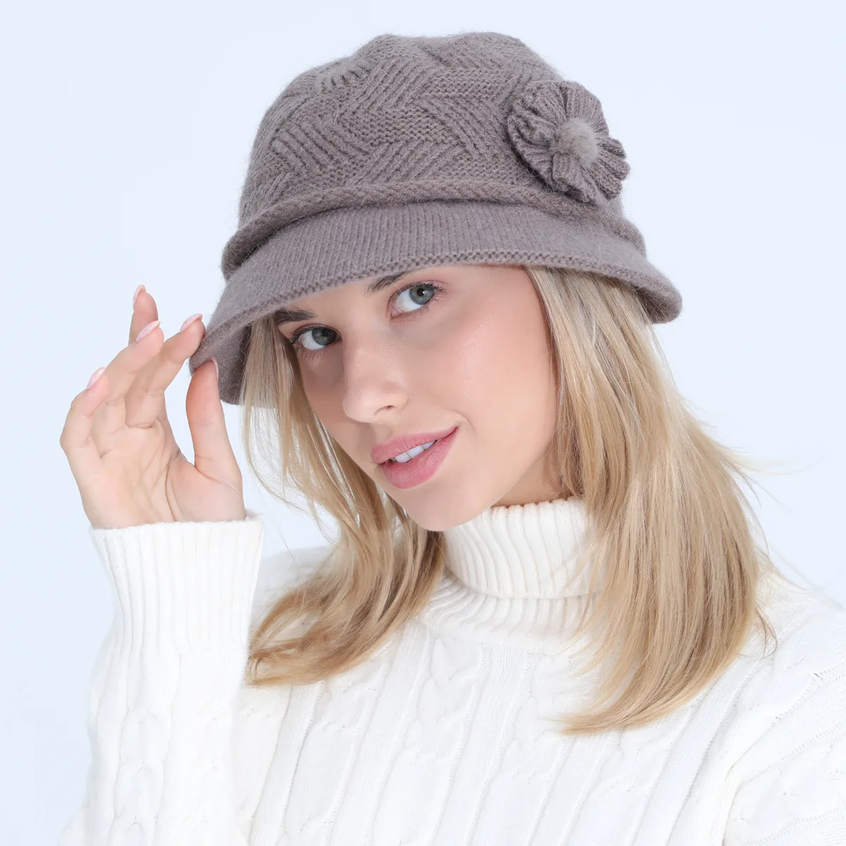 Graceful Womens Winter Knitted Bucket Hat Vintage Fleece Lined Brimmed Skull Cap Flower Cloche Hat Bowler Hat Church Hat