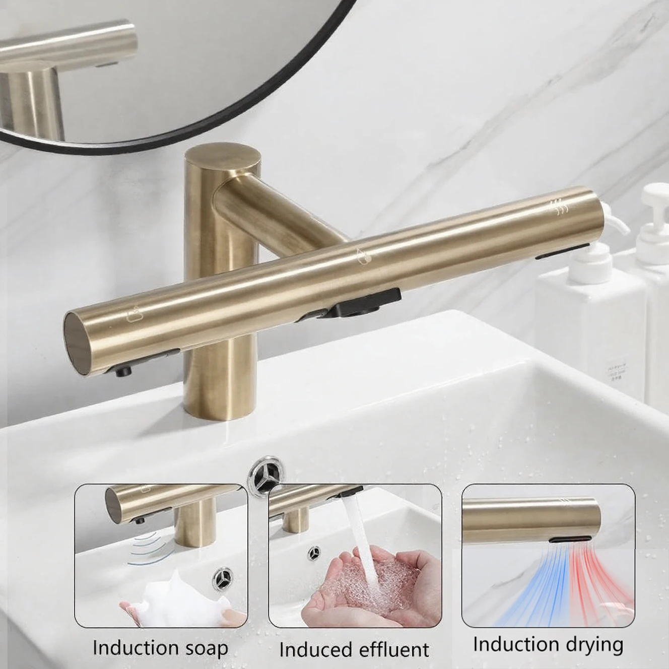 KEMAIDI Bathroom Faucet Hands Dryer 3 in 1 Design Automatic Hands Washing and Drying Machine Sink Tap Brushed Gold Hand Dryer