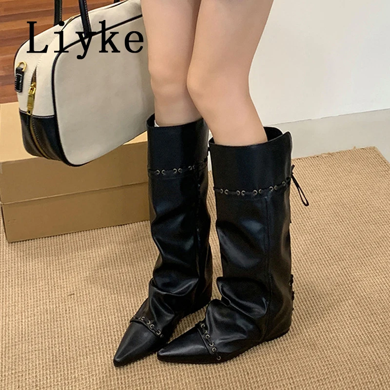 

Liyke 2021, осенне-зимние модные сапоги до колена на шнуровке с эластичной лентой, женская дизайнерская обувь, увеличивающая рост, длинные ботильоны