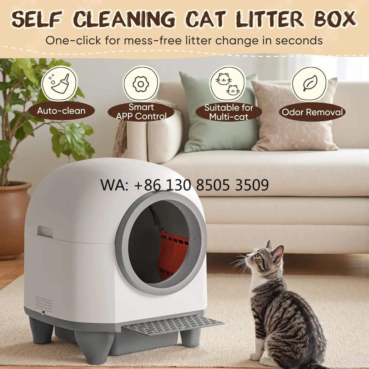 Whisper-quiet Automated Self Cleaning  Box with 10 Liter Waste Storage Box & Sealed Cover for Multiple Cats
