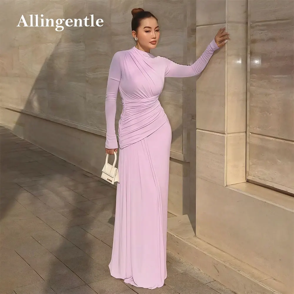 

Arabic Lilac Pink Mermaid Evening Dress for Women O-Neck Pleat Long Sleeves Maxi Prom Party Dresses robe de soiree Customized