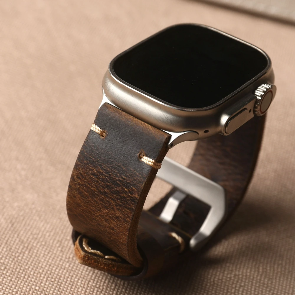 Handmade Head layer Cowhide Leather Strap For iWatch Apple Watch ultra2 49MM  45mm 44mm 42mm 45mm S10  9 Brown Vintage Strap