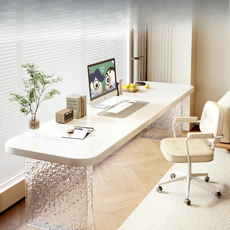 

Acrylic desk Double solid wood paint strip table White cream style office computer table Children's study table