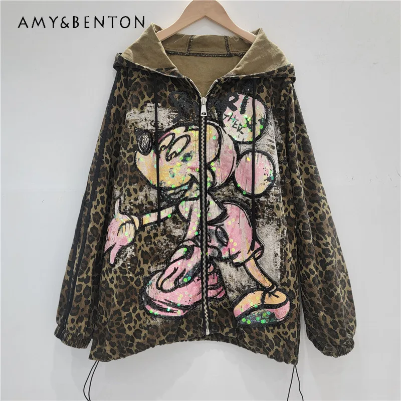 

Heavy Industry Unique Design Printed Cartoon Denim Leopard Print Hooded Long Sleeved Coat Women's Loose Sweet Oversized Y2k Top