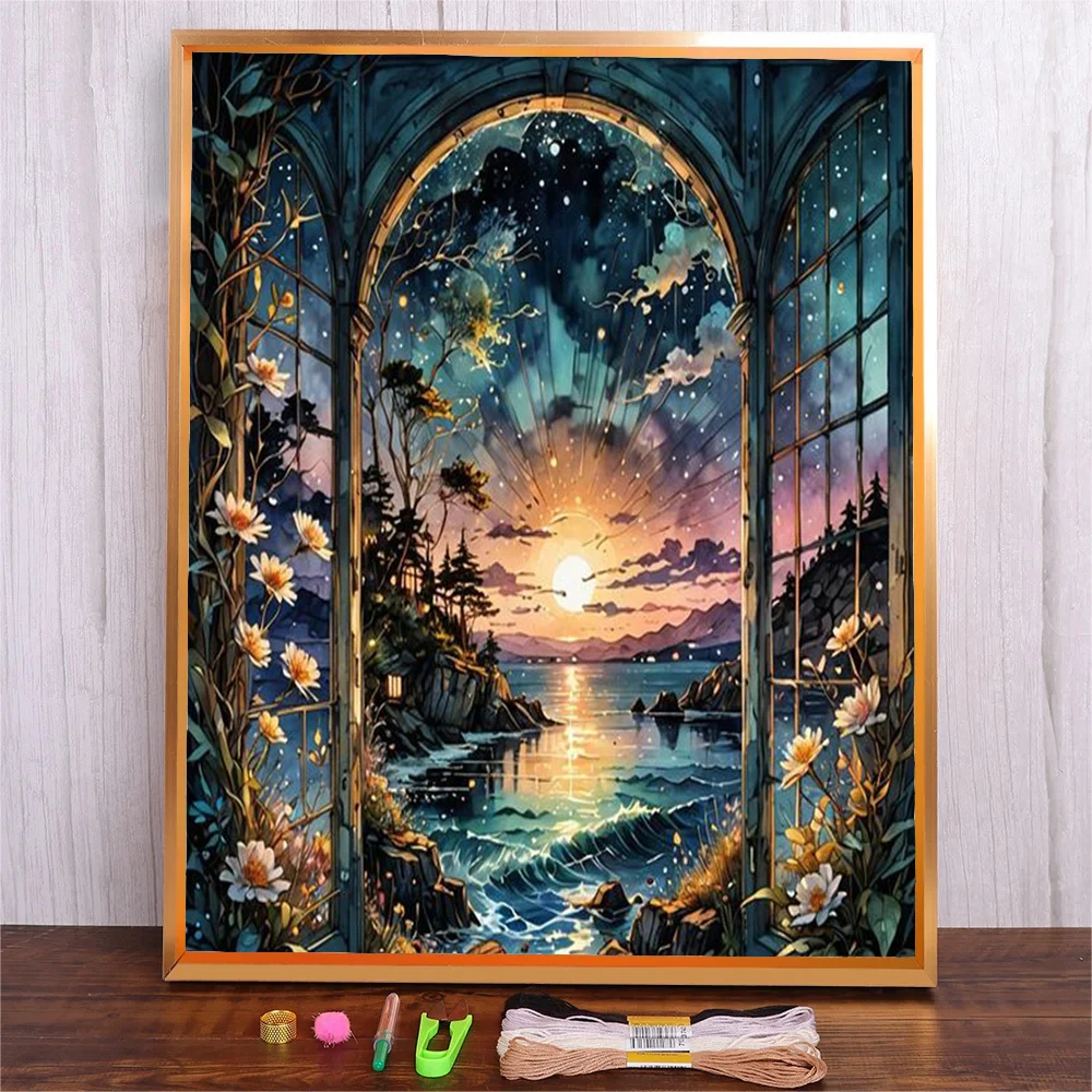 

DMC Thread Embroidery Kit For Night Sky DIY Landscape Printed Pattern Cross Stitch Set Needlework Handmade Art Crafts Kit