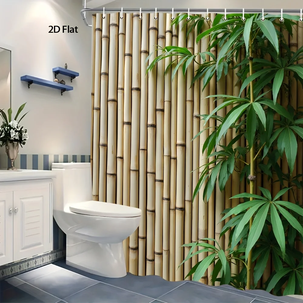 2D Flat, 1pc 2D Flat Vertical Fence with Green Stalks Shower Curtain, Natural Beige with Slender Leaves and Rustic Textures, Tra