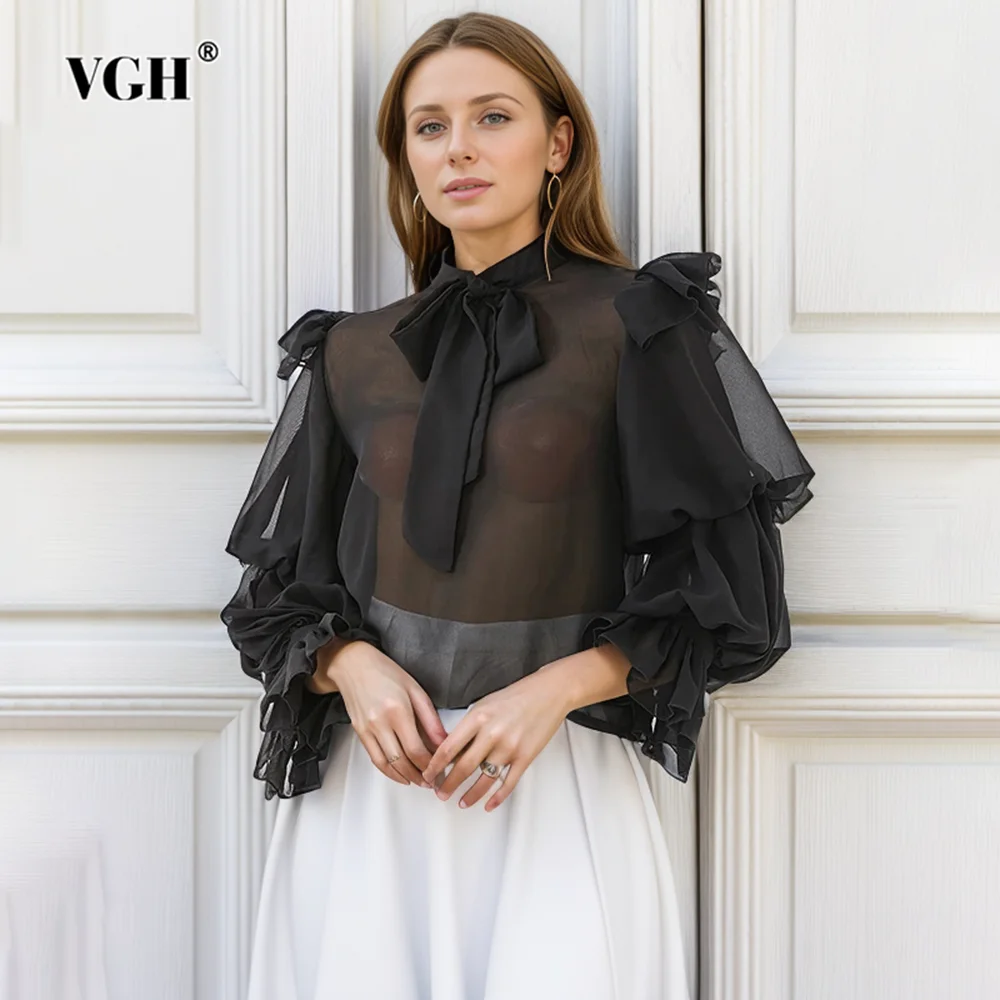 VGH Leoprad Sheer Chiffon Blouses For Womenr Stand Collar Long Sleeve Patchwokr Bow Casual Shorts Female 2024 Fashion Clothing