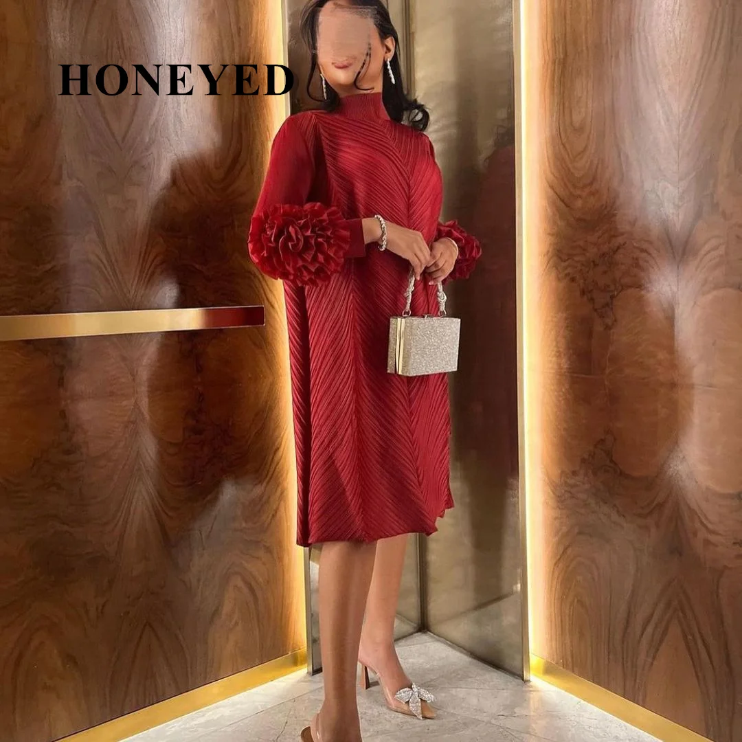 HONEYED 2023 Vintage Long Sleeves Red O-Neck Prom Dresses Pleated Chiffon Floor Length vestidos de novia Formal Party Dresses