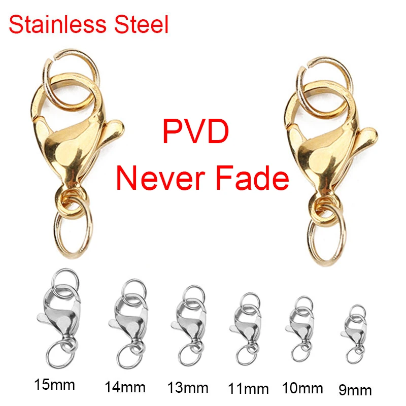 

20sets PVD Never Fade Stainless Steel Lobster Clasps With Jump Rings 9 10 12 14 15 mm End Hook Connectors For Diy Jewelry 2029