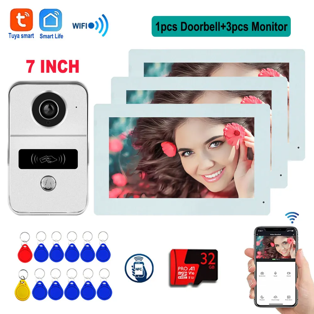 

Видеодомофон 1080P с Wi-Fi 5G, 7-дюймовым LCD-экраном, поддержкой Tuya Smart, 4-проводной HD-системой, RFID, NFC и разблокировкой через приложение для вилл и квартир (2/3 комнаты)