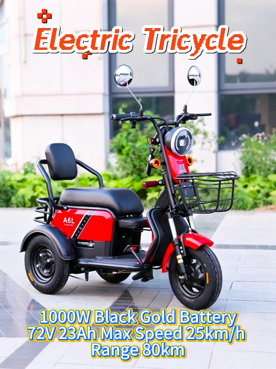 1000W 72V 23Ah Black Gold Battery Electric Tricycle Max Speed 25km/h 80km Range Small Household Assisted Vehicle