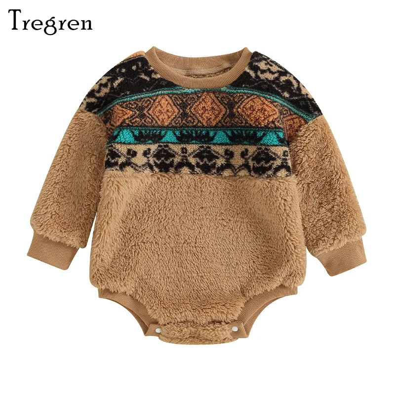 

Tregren 0-18M Newborn Baby Fleece Romper Long Sleeve Round Neck Graphic Bodysuit Infant Boys Girls Fall Winter Outfits