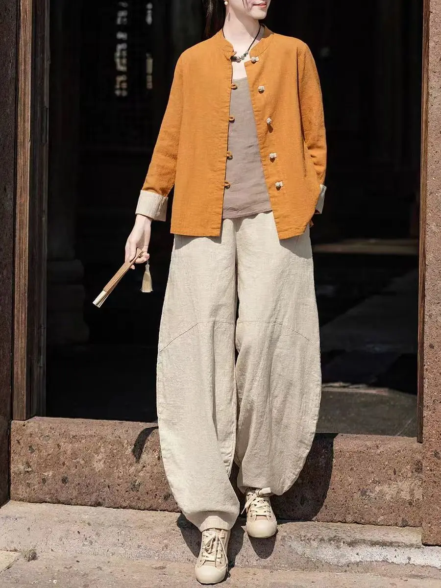 Retro Zen nuevo chino Sle mujer irt Jaet lino abotonado primavera otoño ceremonia del té Top suelto ajuste cómodo transpirable