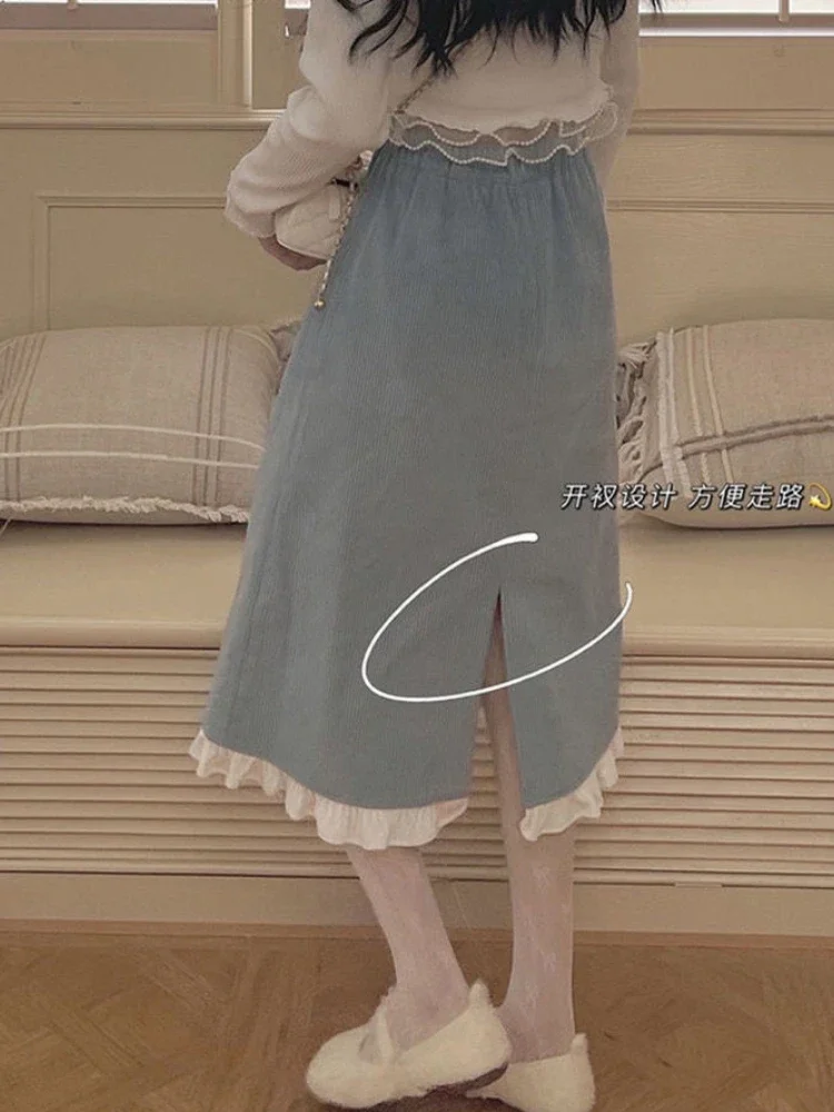 女性のためのカワイイコーデュロイスカート,ストレートバックスリット,ストリートウェア,膝丈,パネル,フリル,美的,いくつかのデザイン