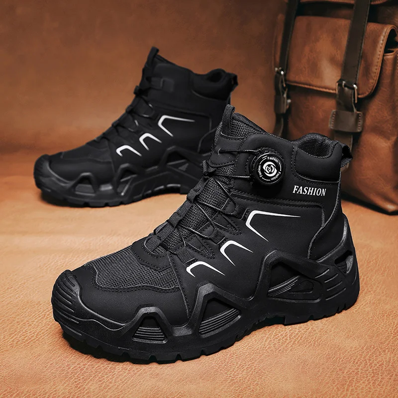 

Черные мужские мотоциклетные ботинки с вращающейся кнопкой, осенние уличные походные ботинки, мужские удобные нескользящие ботинки на платформе, мужские ботильоны