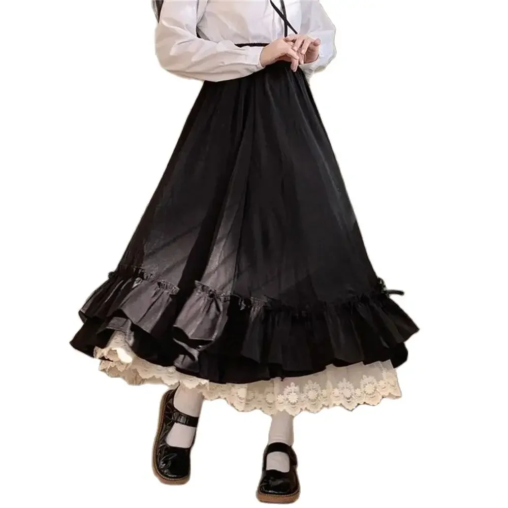

Korean Style Black White Half Skirt Female Long Skirts Japanese Solid Color Double Layer Vintage French Ruffled A-line Skirt