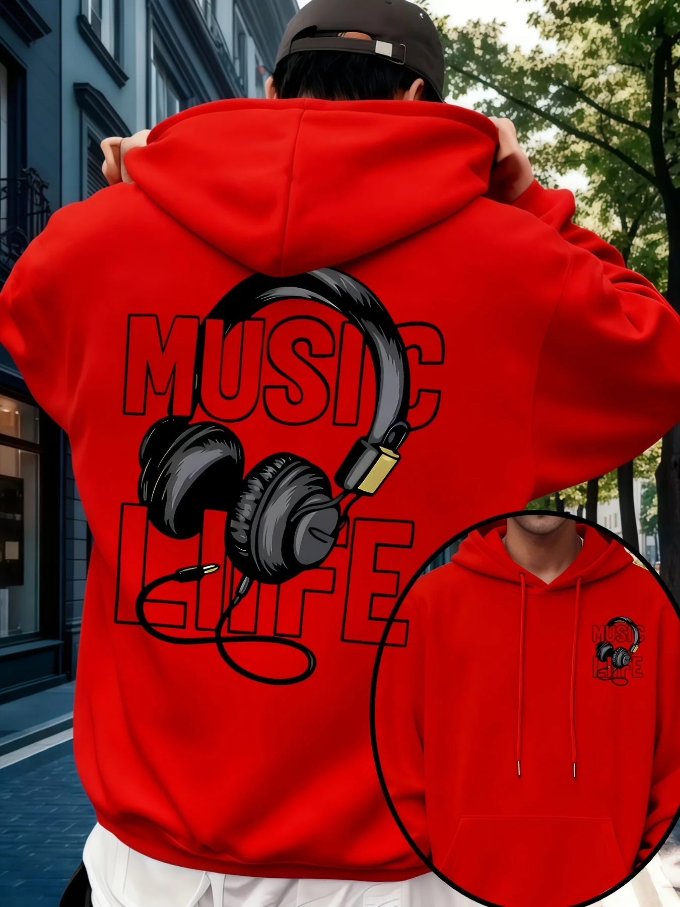 Herren-Musik-Hoodie 100% Baumwolle Kopfhörer-Grafik-Druck Streetwear Oversized Casual Pullover Sweatshirt Herbst Winter – Detail 6