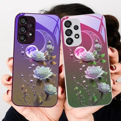 Full Moon Rose Blue For Samsung Galaxy Note 8 9 S10 Plus S20 S21 FE S23 Ultra A70 72 73 50 51 52 53 Tempered Glass Phone Case