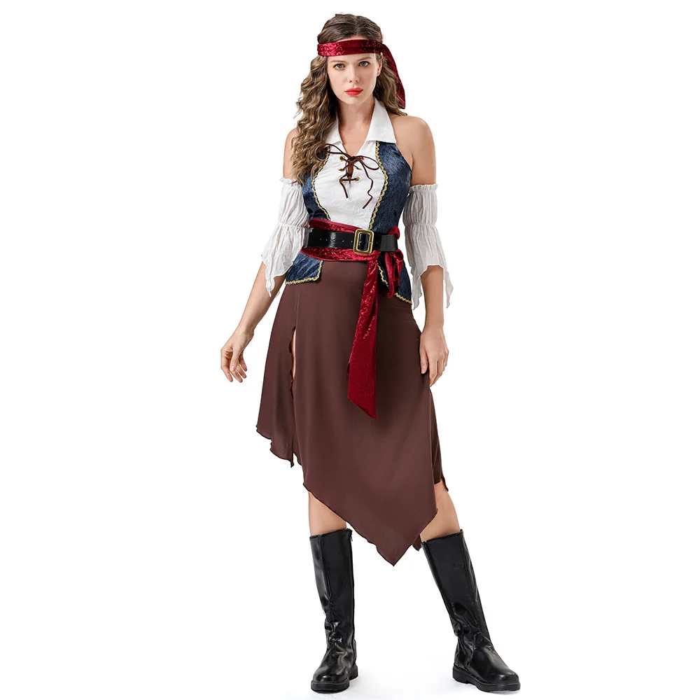 Halloween Cosplay Pirates Caribbean Pirates Costume Viking Dress Belt Sleeves Headscarf Waist Scarf Set Theme Party Outfit Women view 6