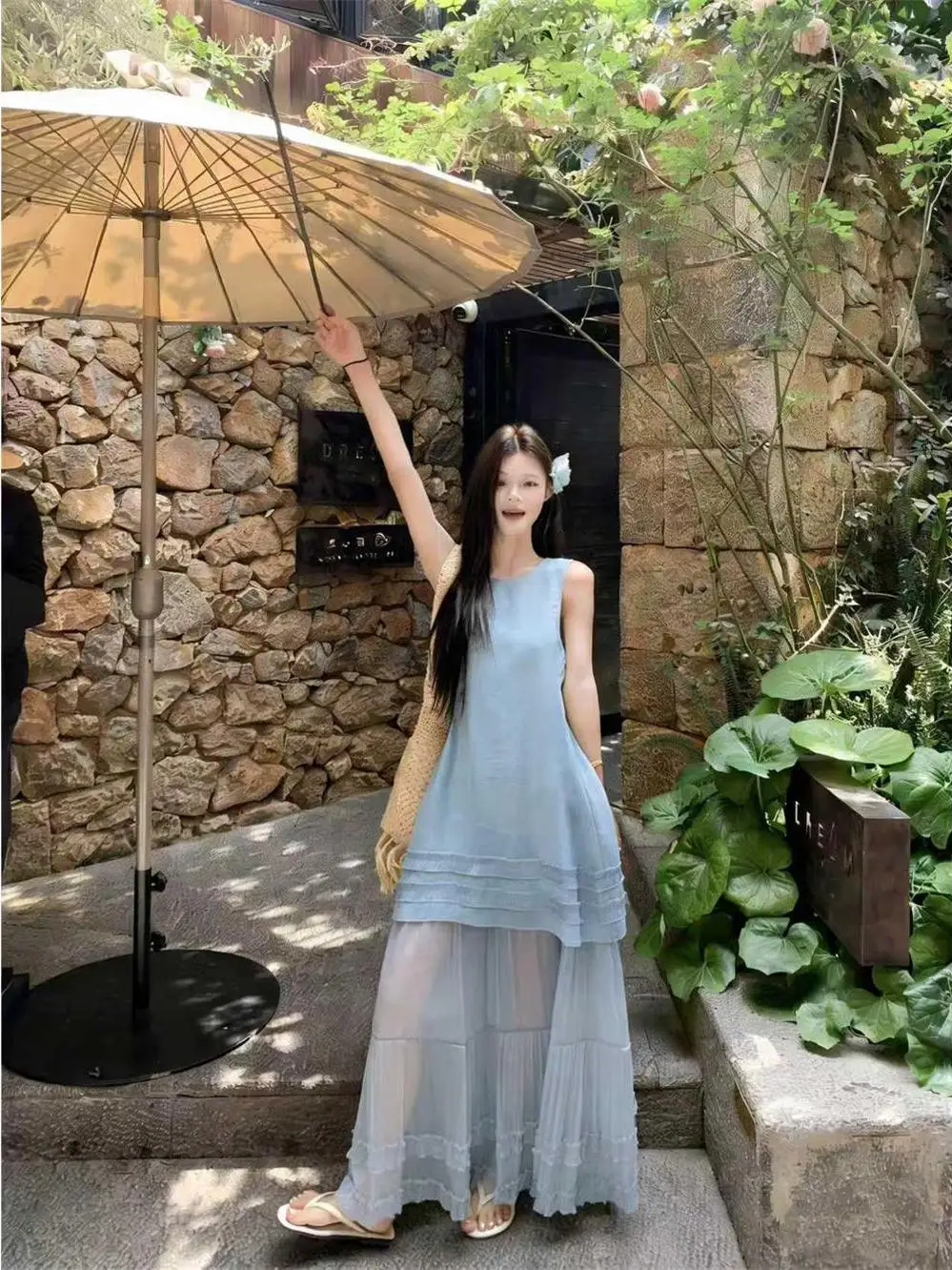 

Elegant A-Line Long Dress Vest Summer New Blue Waist-Cinching High-End Net Patchwork Women's Fashion Commute Korean Style