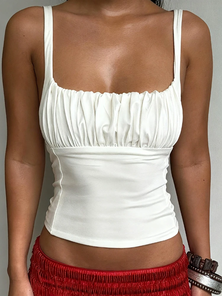 

SsTss Women's Basic Square Neck Camisole with Built-in Pads Fashion New Summer Sleeveless Ruched Slim Crop Top Casual Streetwear