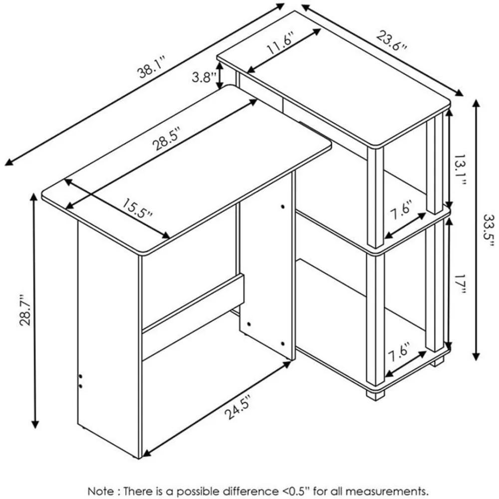 Compact Corner Computer Desk with Bookshelf, French Oak Grey/Black - Space-Saving Design