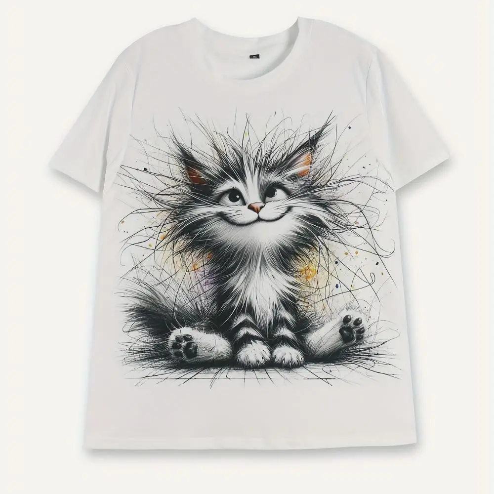 Hairy Cat Print O-neck Women's T-shirt Spring And Summer Short Sleeved Casual Top Lightweight Street Style Personalized T-shirt