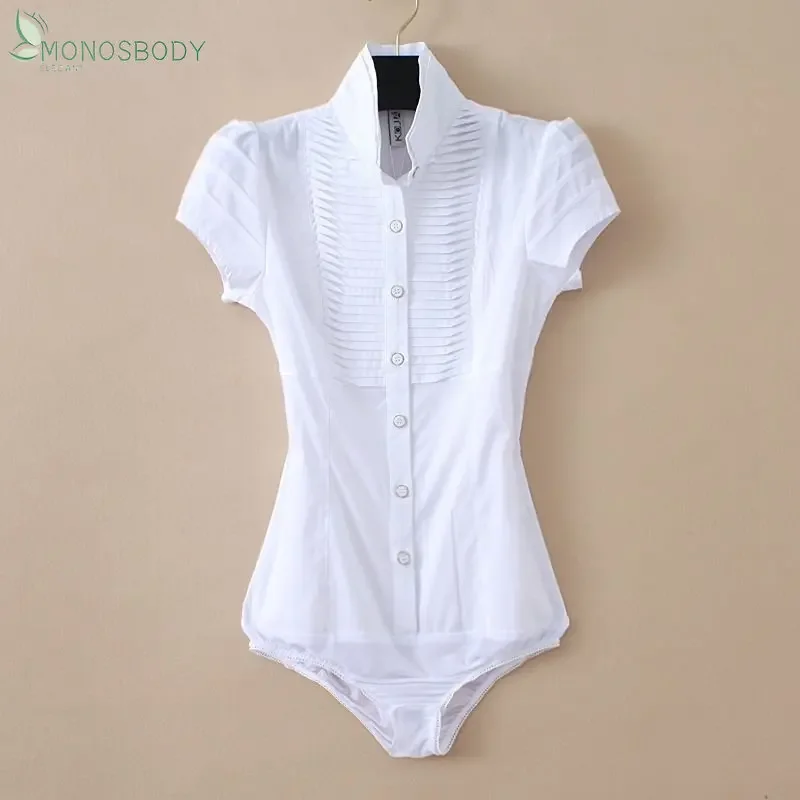 Monos Mujer Body Femme Elegant Shirring Design White Bodysuits For Women Business Work Body Shirt Female Office Lady Blouse Tops