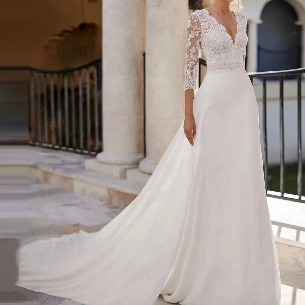 

Elegant Formal Wedding Dresses Half Sleeves V-Neck Lace Appliques A-Line Sexy Women's Bridal Gowns vestidos de novia Customized