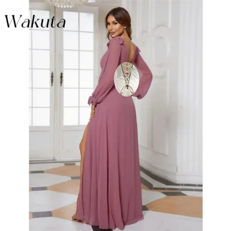 Wakuta Luxury V-Neck Full Sleeves Floor-Length Solid Evening Gown Long A-Line 2024 of Chiffon Bridesmaid Vestidos Elegante Mujer