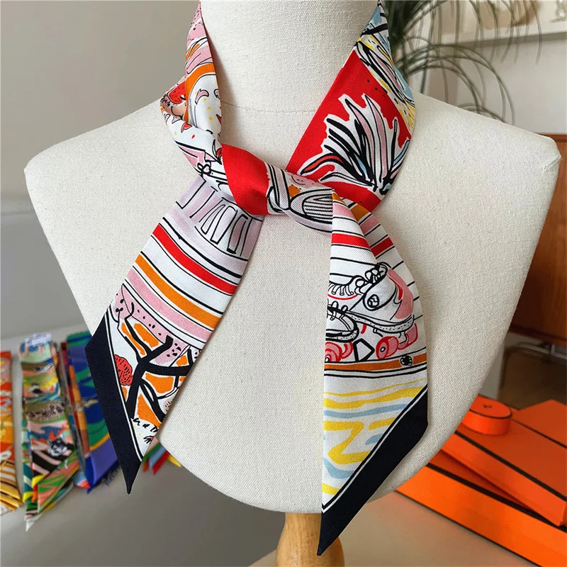 100% Silk High Quality Luxury Brand Scarf Women Headband Hair Band Foulard Tie Ribbon Neckerchief Skinny Scarves Accessories