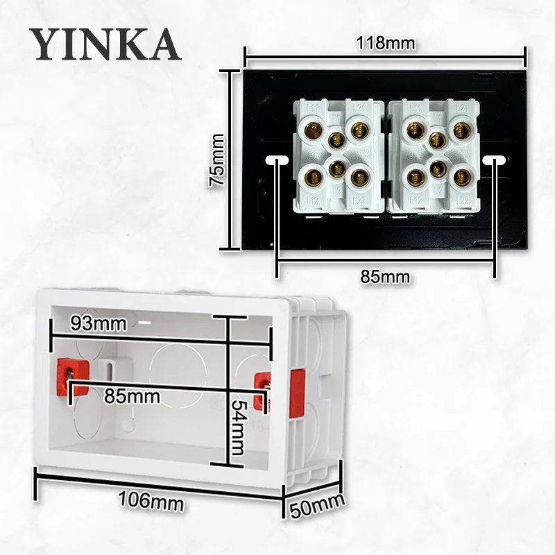 YINKA EU Standard Universal Socket Wall Light Switch Tempered Glass Panel Push Button Switch Socket 118mm*72mm Home Improvement