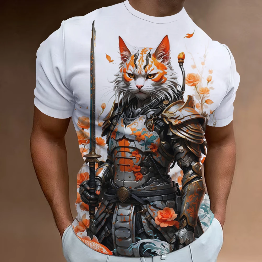 New Retro Men\'s T-Shirt 3d Samurai Cat Print Short Sleeve T-Shirt For Men Fashion Oversized Man Clothes Quick Dry Tees Tops 2024