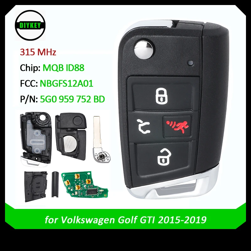 DIYKEY for Volkswagen Golf GTI 2015-2019 Remote Key Fob MQB AES ID88 5G0959752BD 5G0 959 752 BD NBGFS12A01 315MHz HU66 Blade