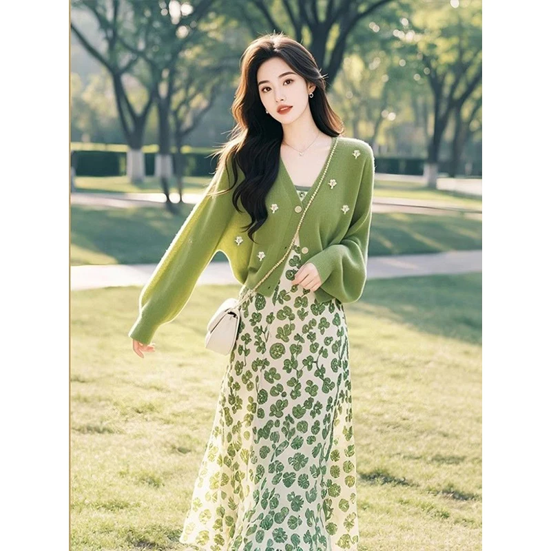 Spring Set Women's 2025 New High-End een Knitted Cardigan Floral Dr Two-Piece Set Casual Sle Long Sve Midi Dr