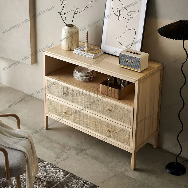 FG Nordic retro drawer, bucket cabinet, wabi-sandy wind solid wood rattan storage, double pumping, entrance cabinet