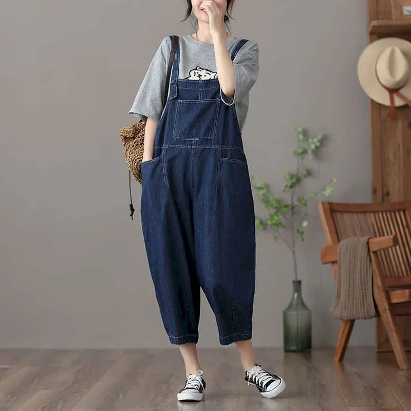 

Denim Jumpsuits Casual High Waisted Pants Korean Fashion Basic Jeans One Piece Outfits Women Clothing Loose Vintage Blue Rompers