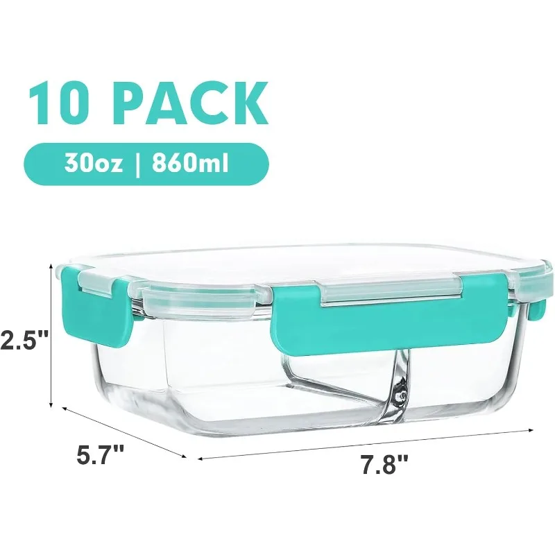 10-Pack,30 Oz Glass Meal Prep Containers 2 Compartments, Airtight Glass Lunch Bento Boxes with Lids, Glass Food Storage