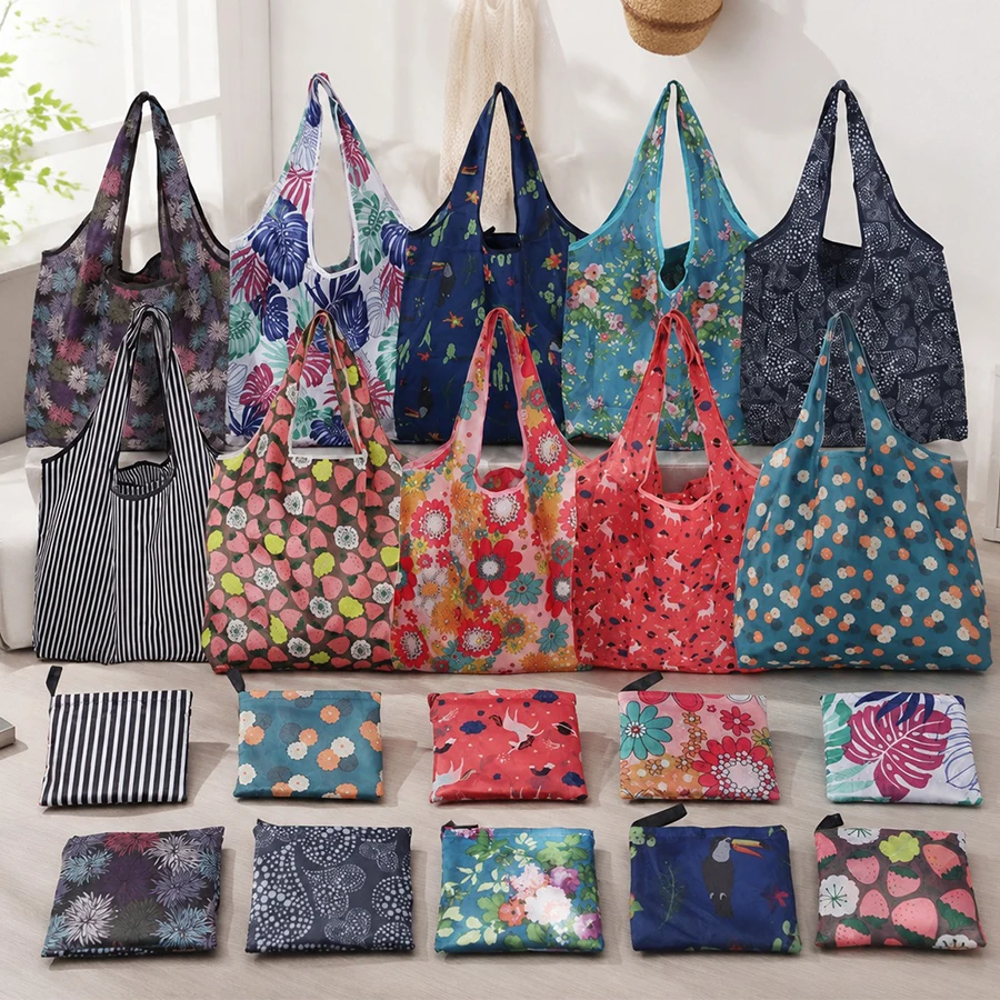 1PC Packable Reusable Shopping Bags Foldable Fabric Tote Colorful Design for Daily Grocery Supermarket Picnic Various Styles ZYF