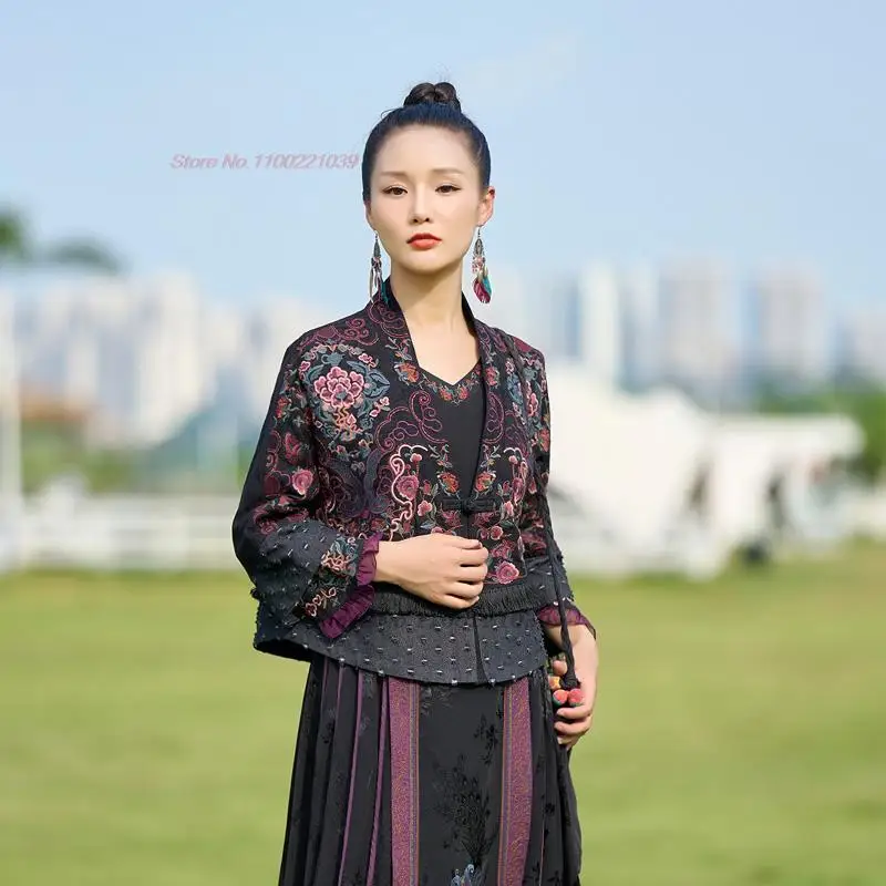 2026 chinese vintage hanfu coat national flower embroidery v-neck ethnic cardigan improved hanfu tops oriental retro tang suit