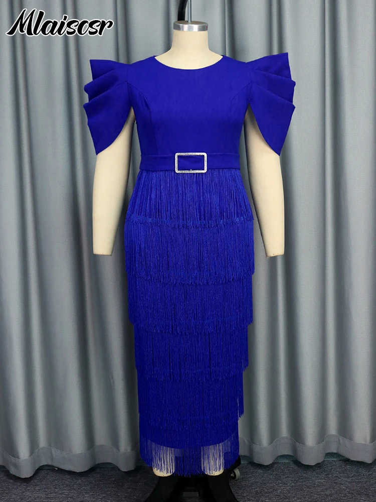 Mlaiscsr Elegant Office Lady Dresses Blue O Neck Ruffles Sleeve Tassel Luxury Birthday Party Dinner African Dress Guest Gowns