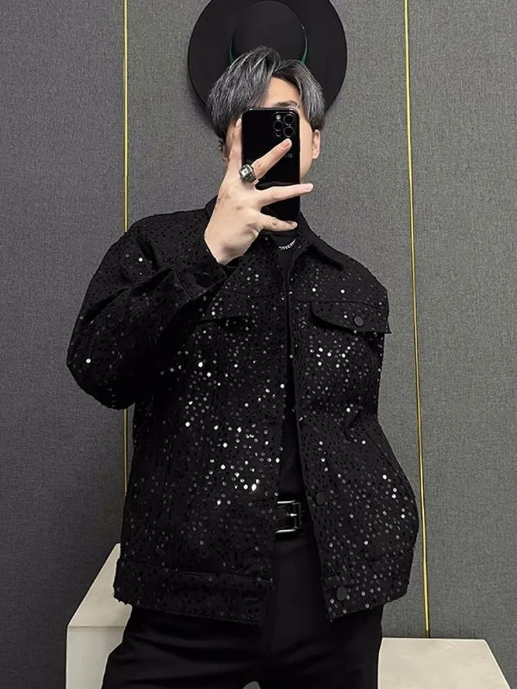 High Street Men Spring New Loose Fit Shiny Sequins Black Denim Jacket Fashion Oversized Party Outwear Coat Casual Male Jackets