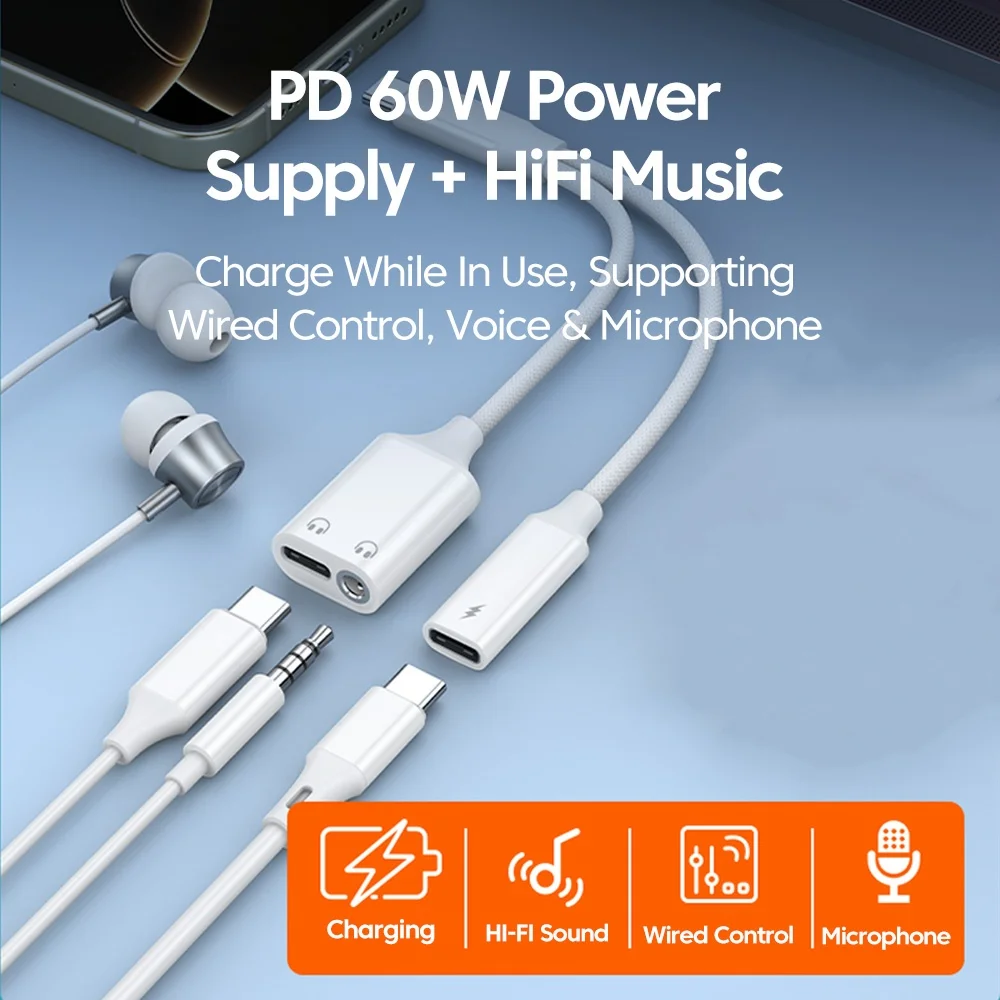 OLAF Audio Adapter Type-C Male to 3.5MM + Type C Female Wired Headphone Adapter Cable Splitter For iPhone 17 16 15 Samsung Phone