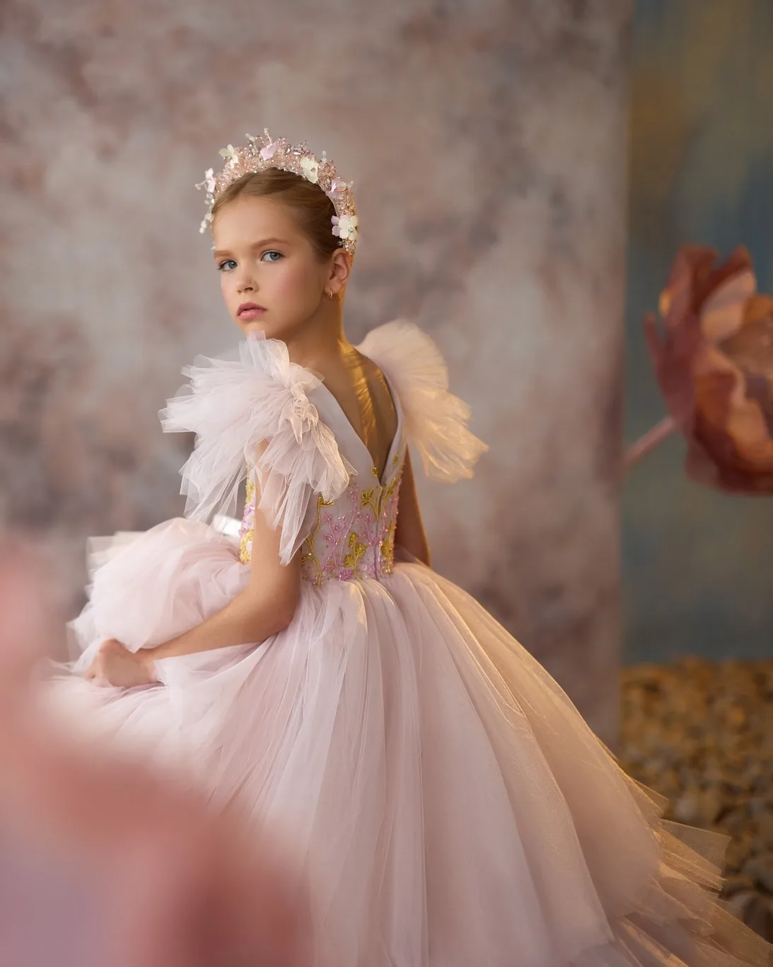 Robes de demoiselle d'honneur rose blush, en tulle, pour fête d'anniversaire de petite fille, robes de première communion pour enfants