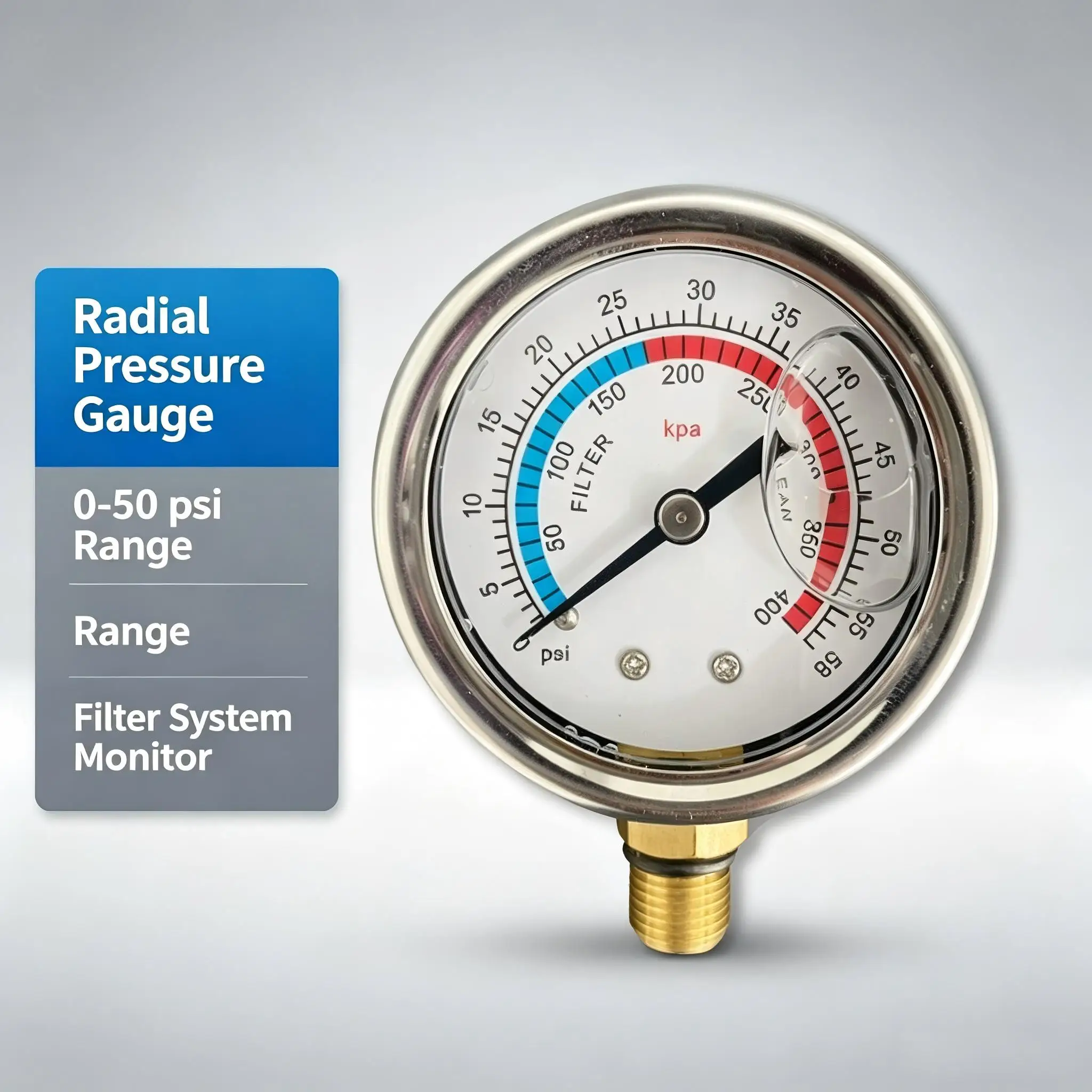 Radial Pool Pressure Gauge, 0-50 psi Dual Scale Filter Pressure Meter with Brass Connection, for Swimming Pool, Spa, Aquarium