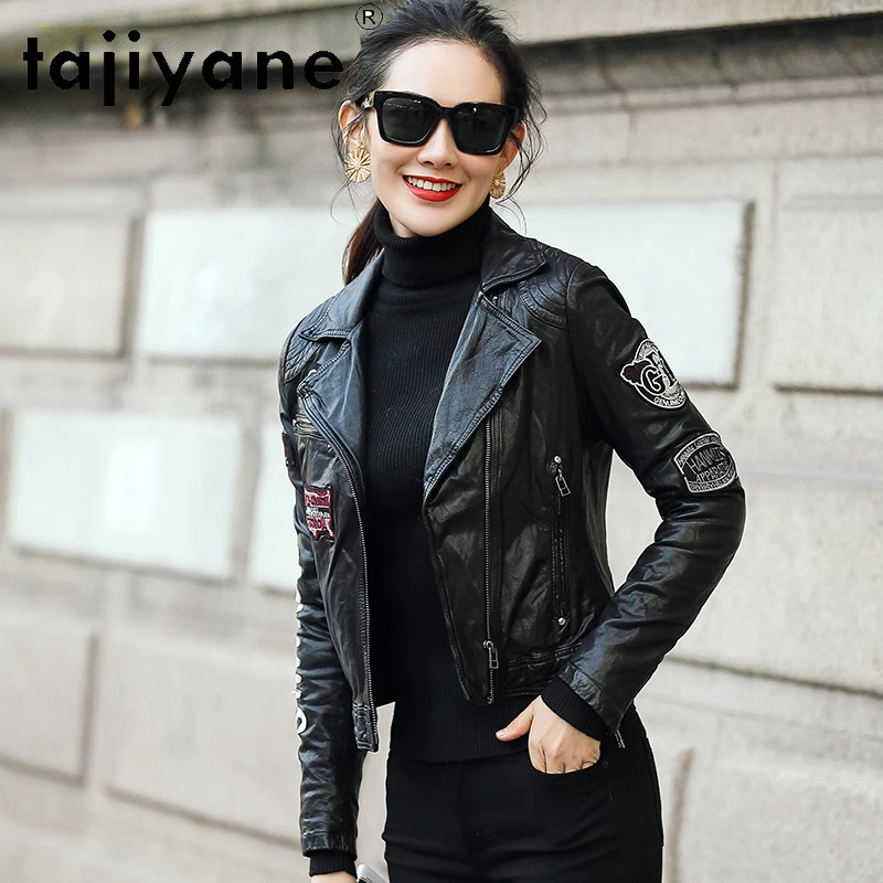 Tajiyane-jaqueta de couro real feminina, casaco de pele de carneiro, estilo curto, jaqueta de motocicleta, roupas slim fit