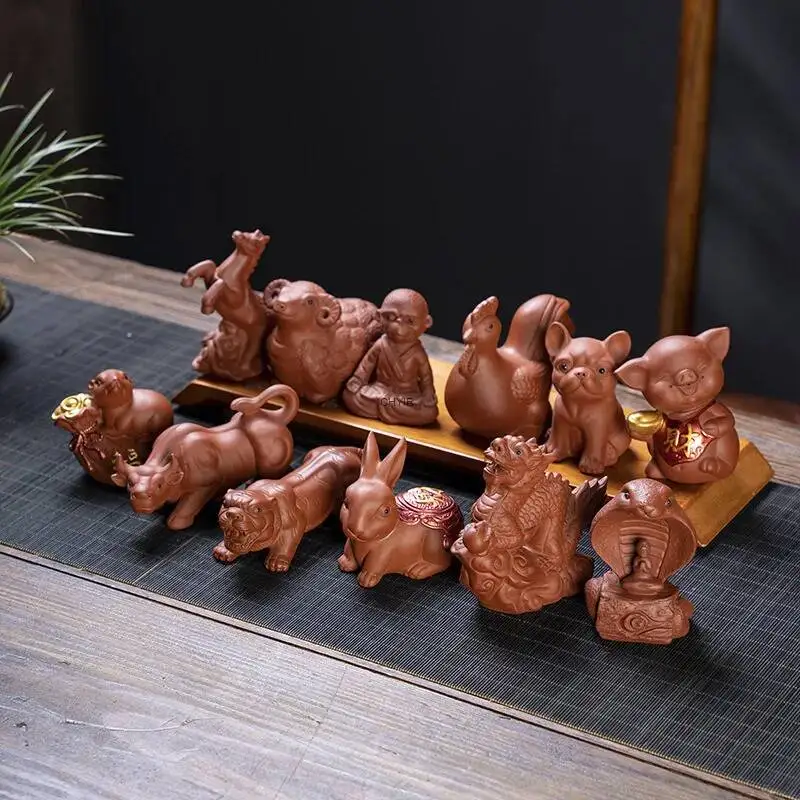 Zisha Twelve Zodiac Creative Tea Pet Ornaments Nurturable Tea Play Tea Accessories Cute Zodiac Small Ornaments